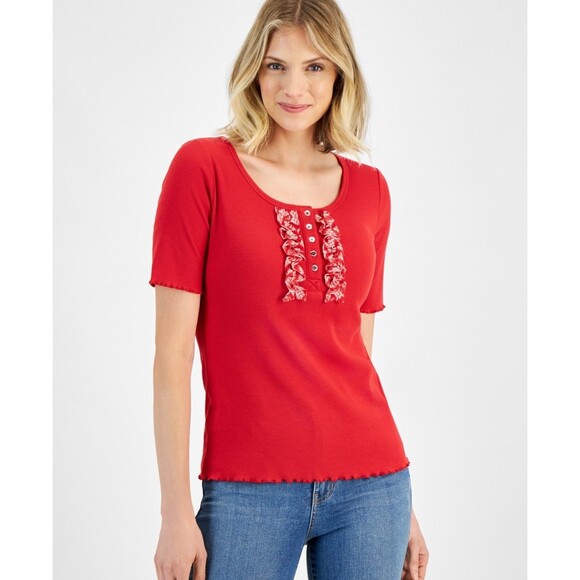 Nautica Jeans Women’s Ribbed Short-Sleeve Top, Red, S - Picture 1 of 1